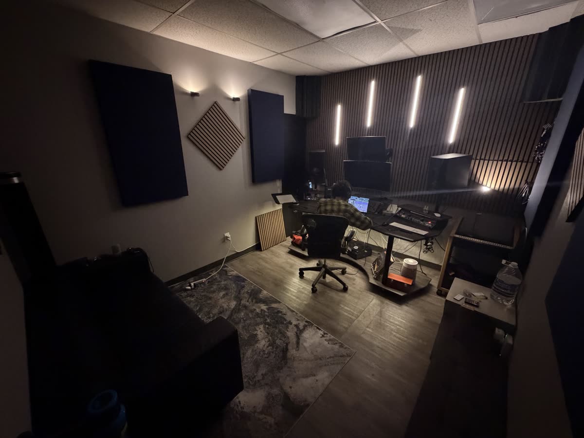 The AMPED UP AUDIO control room after dark