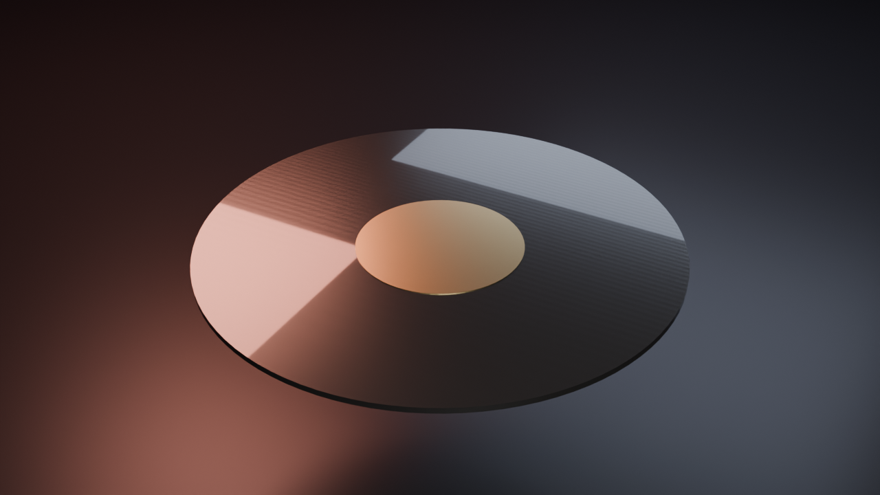 Vinyl record with a gold label, rendered in 3D